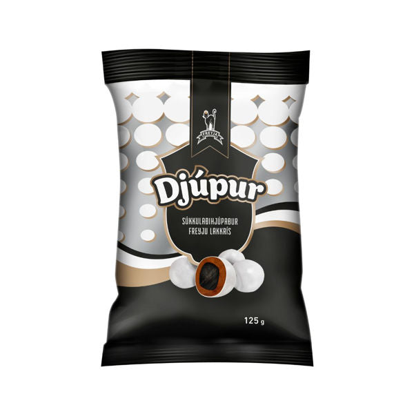 Freyja Djúpur packs a punch with its chocolate pearls candy, soft salty licorice core, and thin white crispy sugar coating. -Topiceland