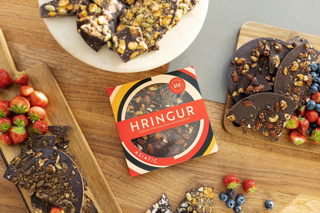 Icelandic handmade chocolate with licorice dates, spicy cashews and almonds. - Topiceland