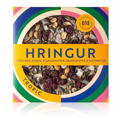 Icelandic handmade chocolate with cranberry, coconut, sunflower seeds, pumpkin seeds & salted nuts. -topiceland
