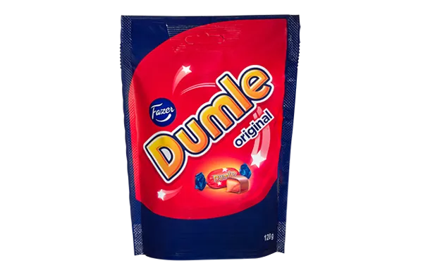 Dumle is a joyful classic that will never grow up. This delicious sweet of soft chewy toffee and smooth Fazer chocolate will always put you on a good mood. Have a Dumle or two and let it bring a twinkle to your eye. Made from 100% responsibly produced cocoa. -Topiceland
