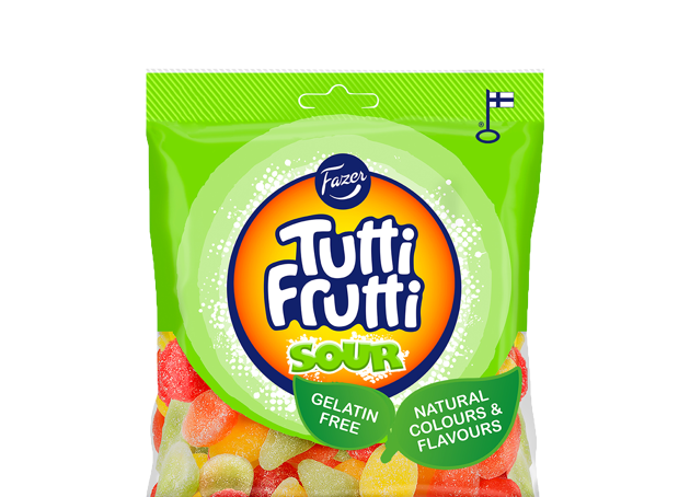 Tutti Frutti brings the fun! Tutti Frutti candies with a sour coating, Tutti Frutti Sour will tickle your taste buds with raspberry, pear, lemon and more – with a sour twist.  -Topiceland
