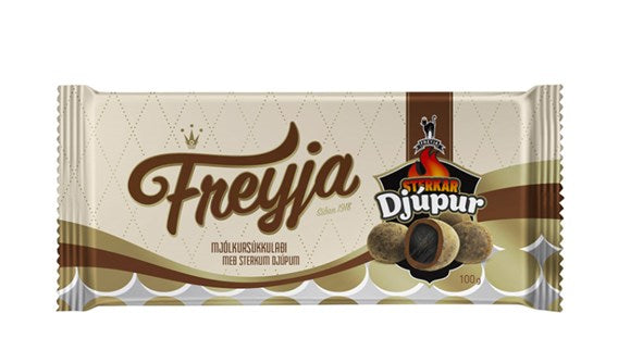 Freyju chocolate with pepper covered chocolate coated licorice bites inside. - Topiceland