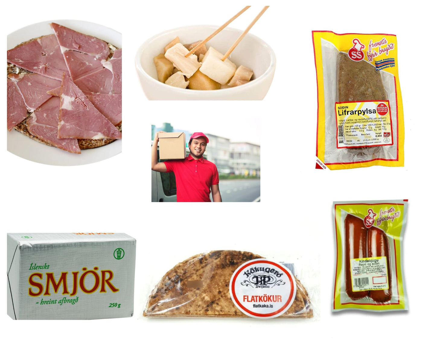 The traditional bundle mixes Smoked lamb sausage, Lamb liver sausage, Smoked Lamb slices, Shark bites, Icelandic butter, Dried fish fillets and two packs of HP Flatbread.  - Topiceland