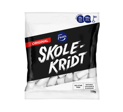 Skolekridt is a classic licorice sweet originating from Denmark. Popular in the Nordic countries, this sweet tantalizes the taste buds with its crisp menthol-flavored coating and strong salty licorice filling. -Topiceland