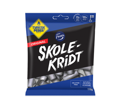 Skolekridt is a classic licorice sweet originating from Denmark. Popular in the Nordic countries, this sweet is a combination of two classics and consists of a crunchy shell and a soft, but fiery filling. -Topiceland