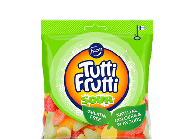 Tutti Frutti brings the fun! Tutti Frutti candies with a sour coating, Tutti Frutti Sour will tickle your taste buds with raspberry, pear, lemon and more – with a sour twist.  -Topiceland