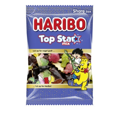 Haribo's Top Star Mix has star ingredients. Mixed in the bag are foam fish and Peppers, strawberry milkshake bottles, vampire candies, chunky Tropifrutti candies and classic teddy bears. -Topiceland