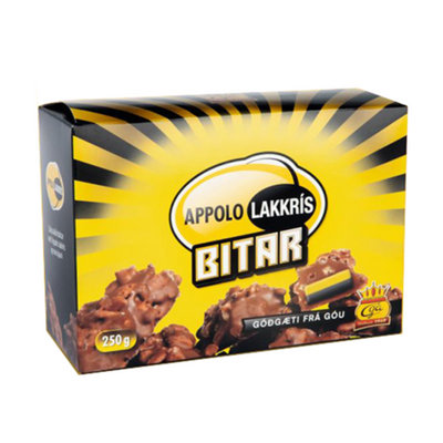 Appolo Licorice Pieces are chocolate bars with marzipan filling and licorice, covered with crispy corn puffs. - Topiceland