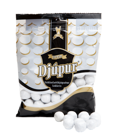 Freyja Djupur (150gr) is chocolate pearls with soft, salty licorice core and a thin white crispy sugar coating.- Topiceland