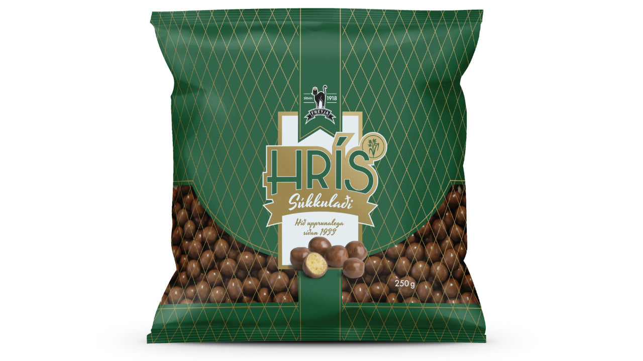 Freyja Hris chocolate, crisp cereal centers covered with milk chocolate. Light and crispy. - Topiceland
