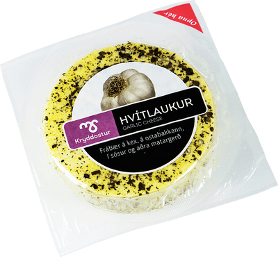 Icelandic cheese - Hvítlauksostur (garlic cheese). This is an excellent cheese on crackers, on the cheese tray, in sauces, and in other cuisines. - TopIceland