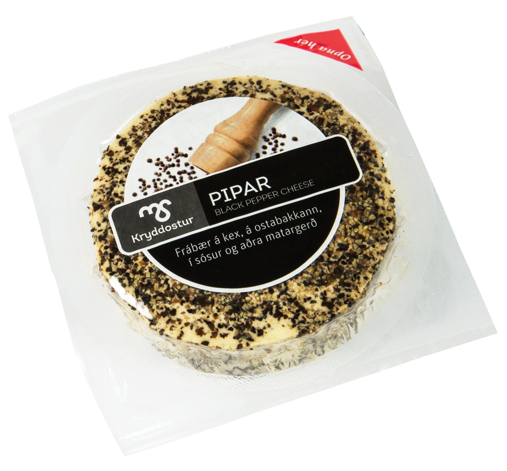 Icelandic cheese - MS Piparostur (pepper cheese) - (150gr). This is an excellent cheese on crackers, on the cheese tray, in sauces, and in other cuisines. - Topiceland